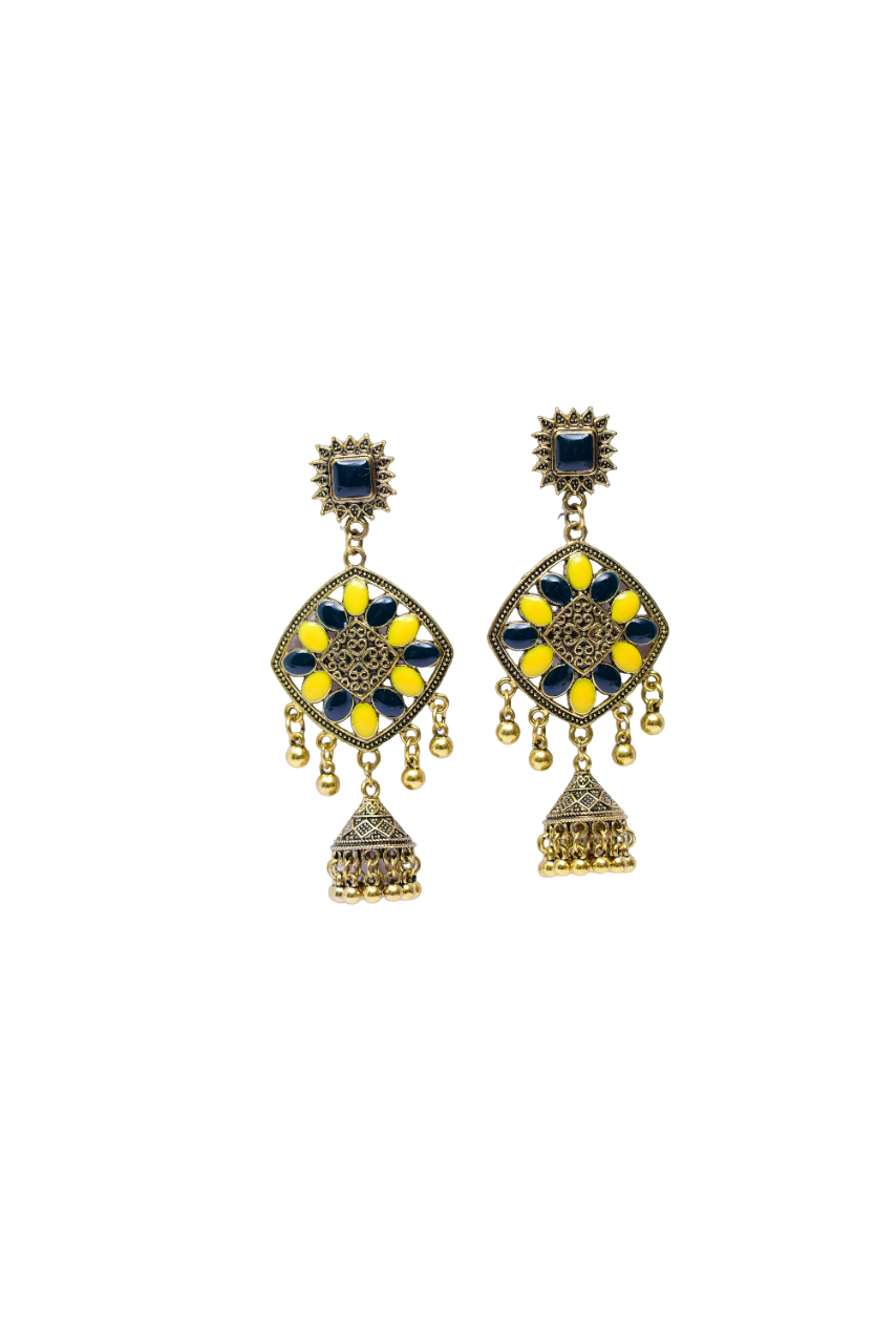 Namokriti Timeless Elegance: Square & Diamond-Shape Gold-Plated Jhumka with Greeen & Yellow Stones & Hanging Beads